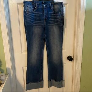 True Religion Women's Dark Blue Boot Cut Jeans with Cuffed Hem